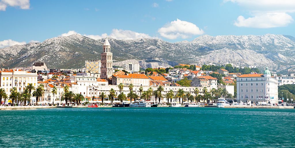 View of Riva and Old Town Split in Dalmatia region, Croatia. Ancient Diocletian's Palace on a Sunny Summer Day