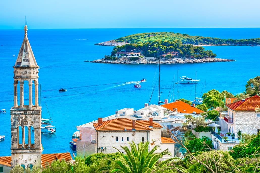 Amazing coastline view at town Hvar scenery in Croatia, Mediterranean summertime