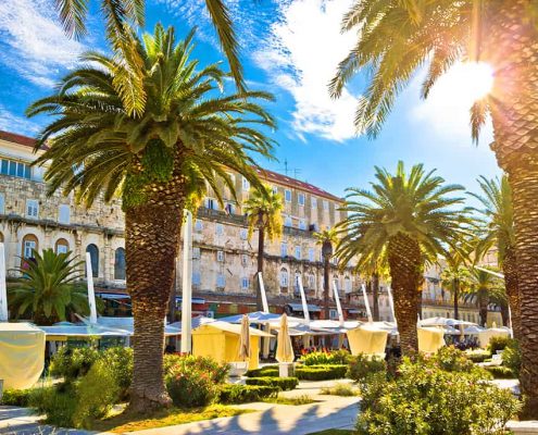 Split main waterfront walkway palms and architecture Dalmatia Croatia, Riva is famous walkway of Split