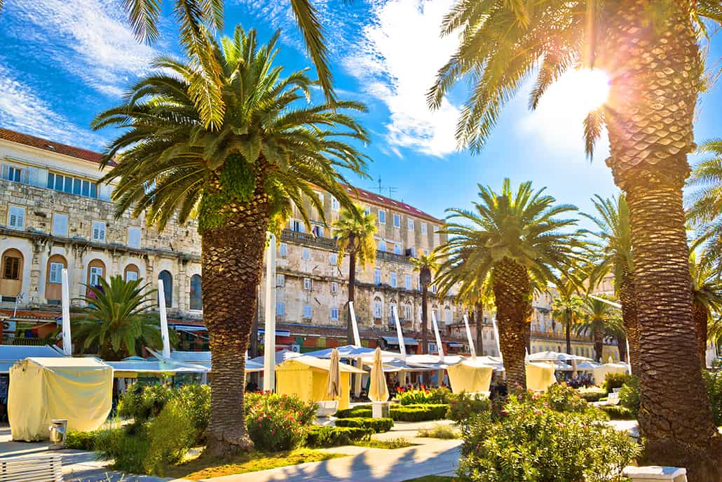 Split main waterfront walkway palms and architecture Dalmatia Croatia, Riva is famous walkway of Split