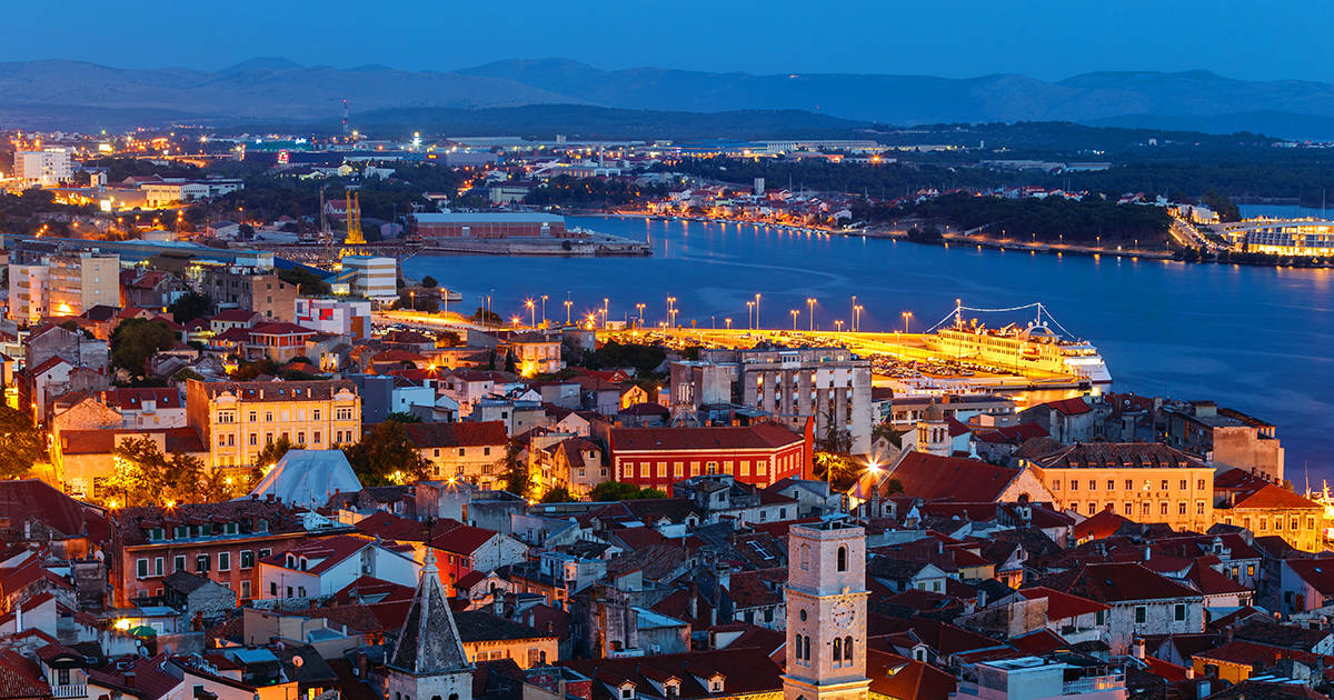 Evening view from above the old town of Sibenik in Croatia from the St. Michael's fortress