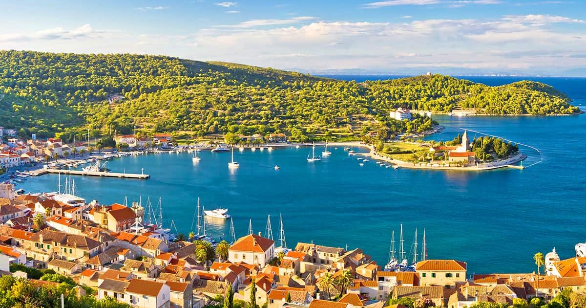Town of Vis panorama from hill panoramic view Dalmatia Croatia