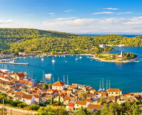 Town of Vis panorama from hill panoramic view Dalmatia Croatia